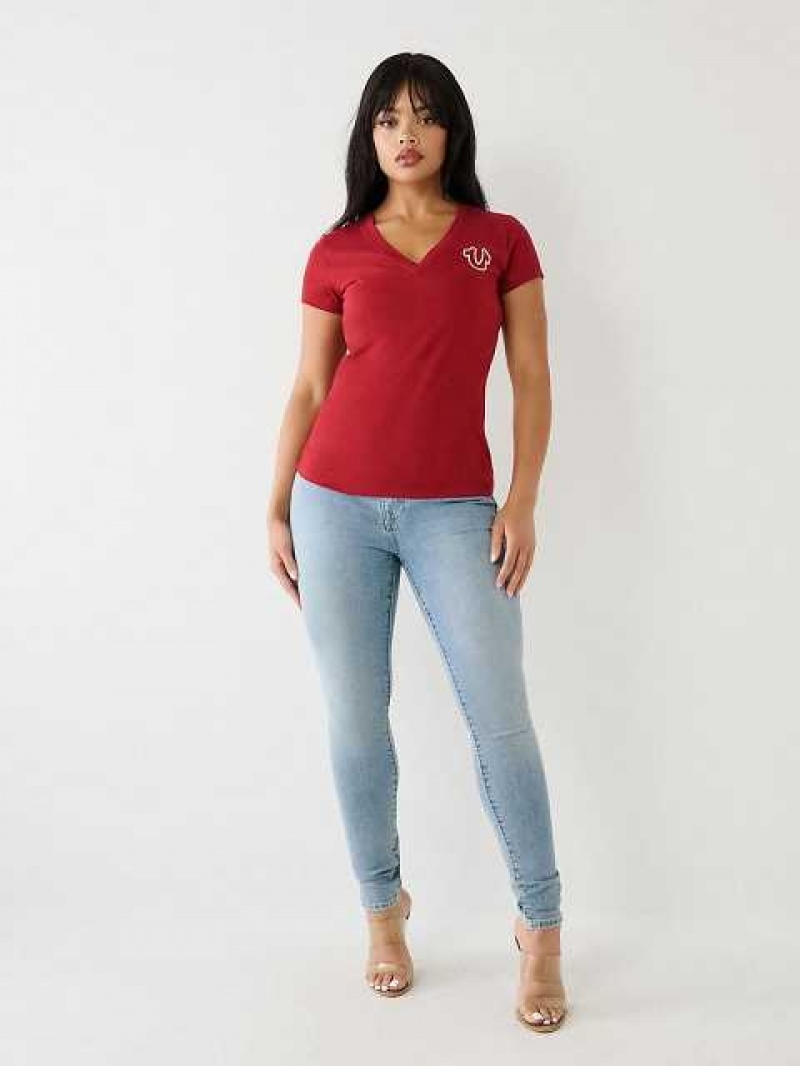 Camiseta True Religion Horseshoe Logo V Mujer Rojas | Colombia-UIJSQZM69