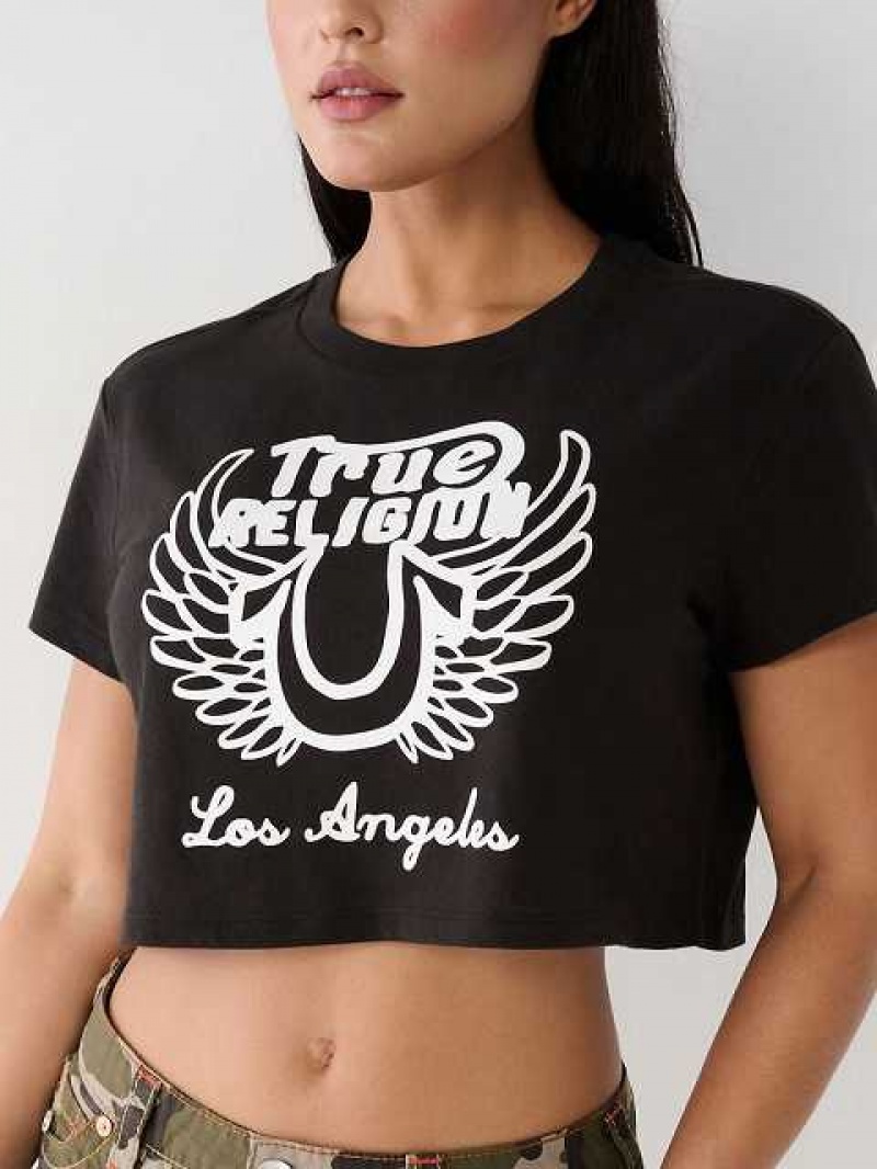 Camiseta True Religion Logo Crop Mujer Negras | Colombia-LKOYCIQ40