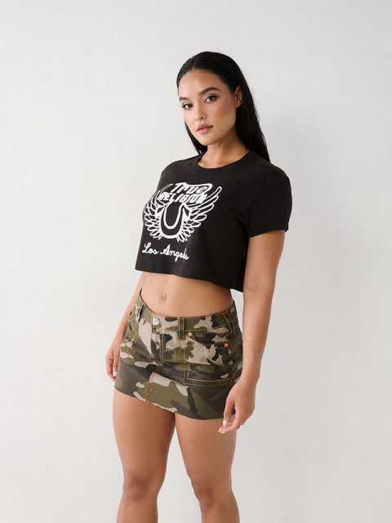 Camiseta True Religion Logo Crop Mujer Negras | Colombia-LKOYCIQ40