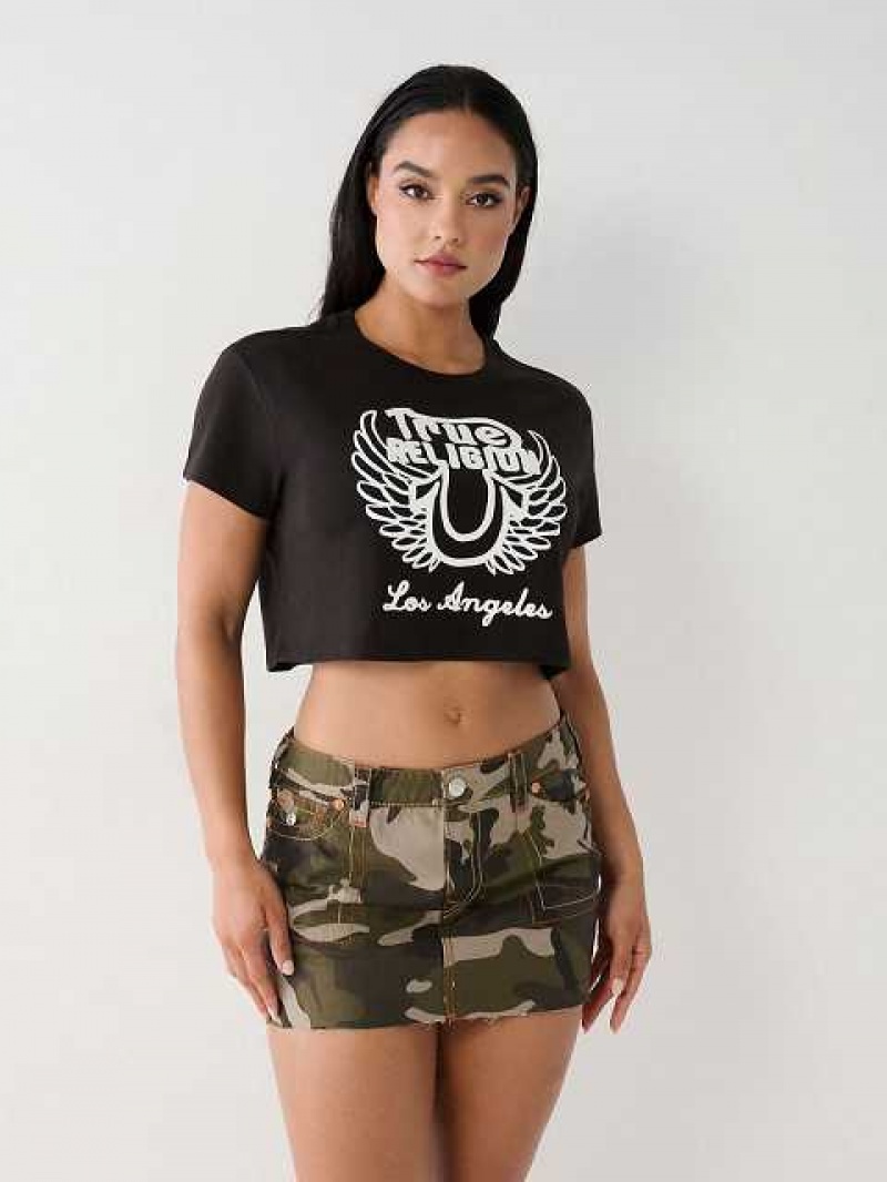 Camiseta True Religion Logo Crop Mujer Negras | Colombia-LKOYCIQ40