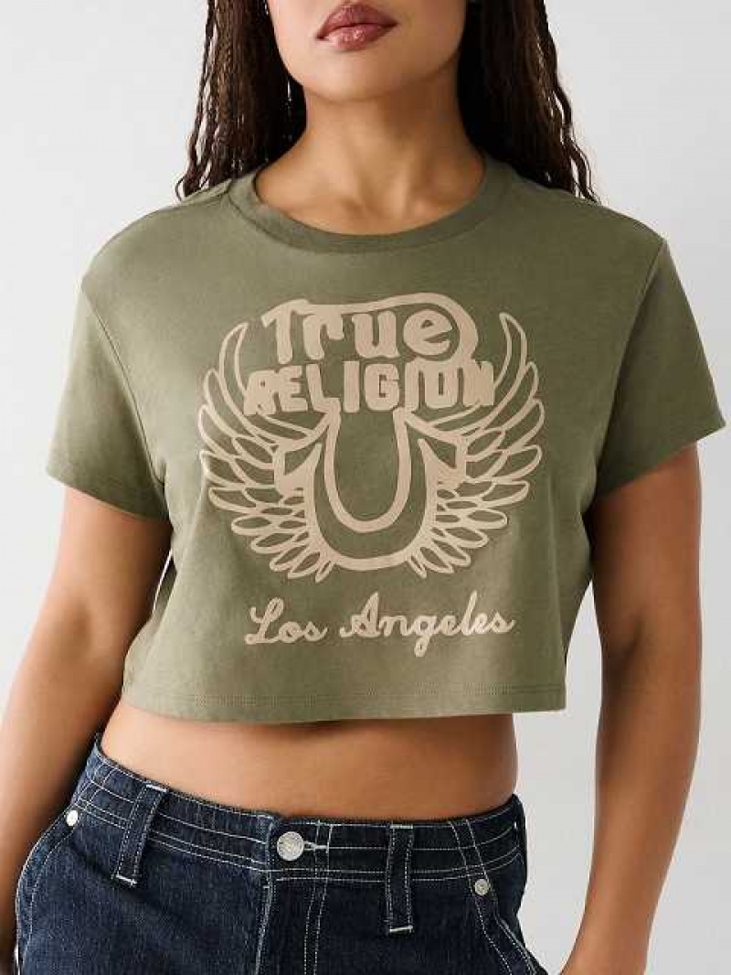 Camiseta True Religion Logo Crop Mujer Verde Oliva | Colombia-UFADOMX12