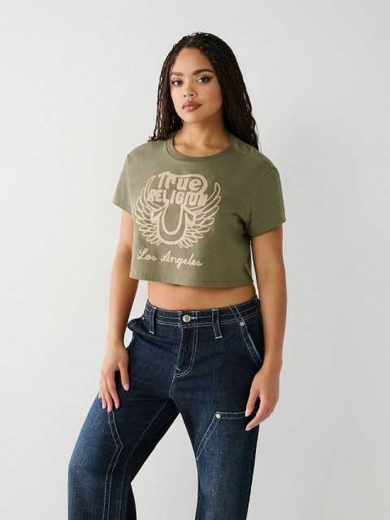 Camiseta True Religion Logo Crop Mujer Verde Oliva | Colombia-UFADOMX12