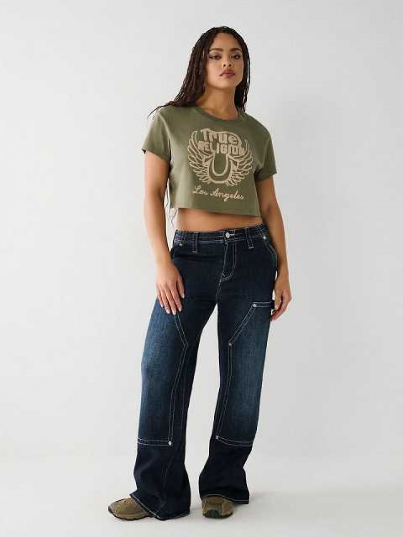 Camiseta True Religion Logo Crop Mujer Verde Oliva | Colombia-UFADOMX12