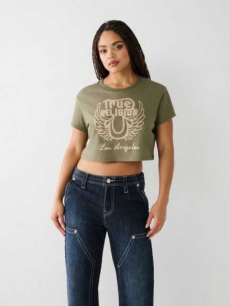 Camiseta True Religion Logo Crop Mujer Verde Oliva | Colombia-UFADOMX12