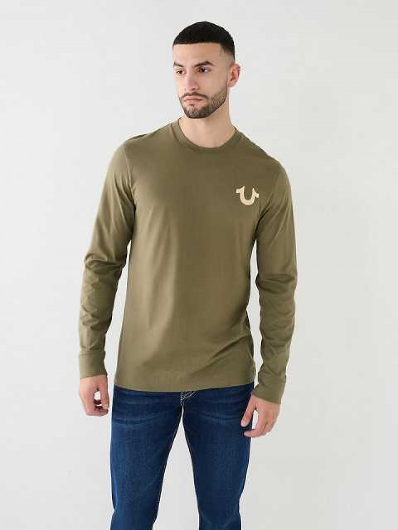 Camiseta True Religion Logo Long Sleeve Hombre Verde Oliva | Colombia-KREFTDL73