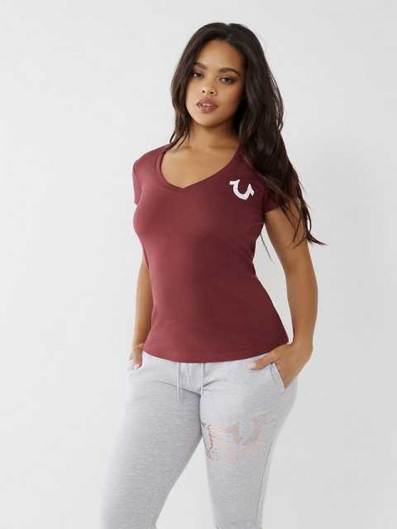 Camiseta True Religion Logo V Mujer Burdeos | Colombia-VOYLSUF39