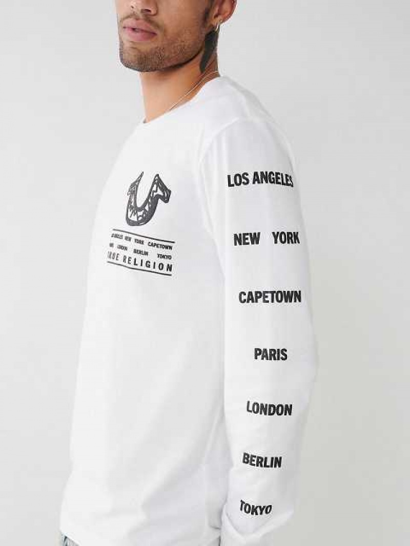 Camiseta True Religion Long Sleeve Logo Tour Hombre Blancas | Colombia-KSMLJTA45