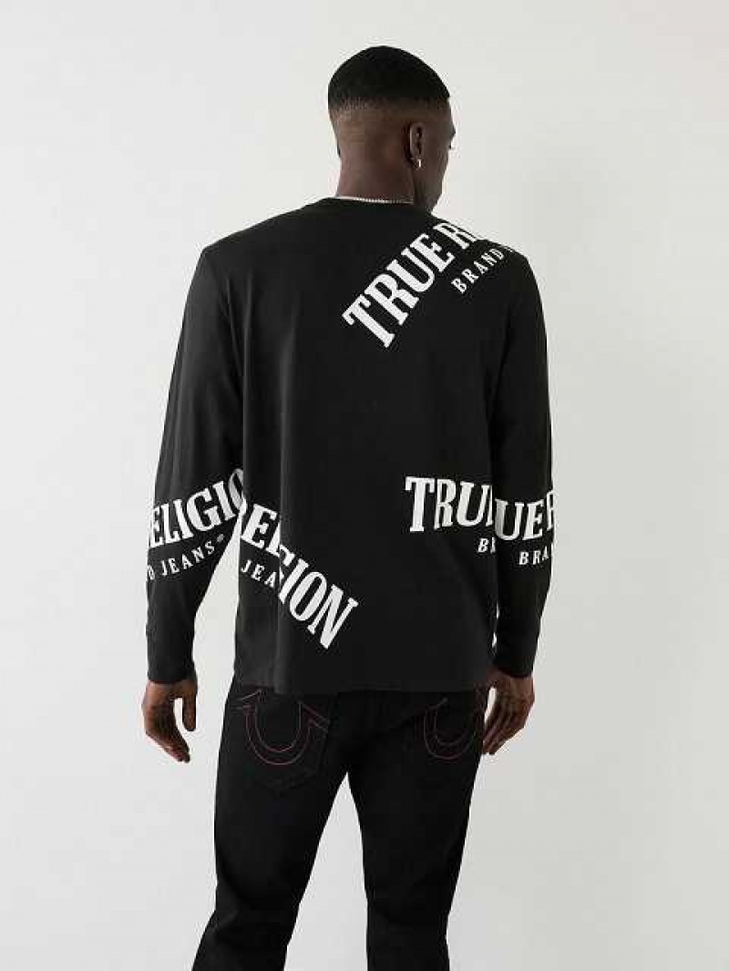 Camiseta True Religion Long Sleeve Logo Relaxed Hombre Negras | Colombia-LDBSYJZ63