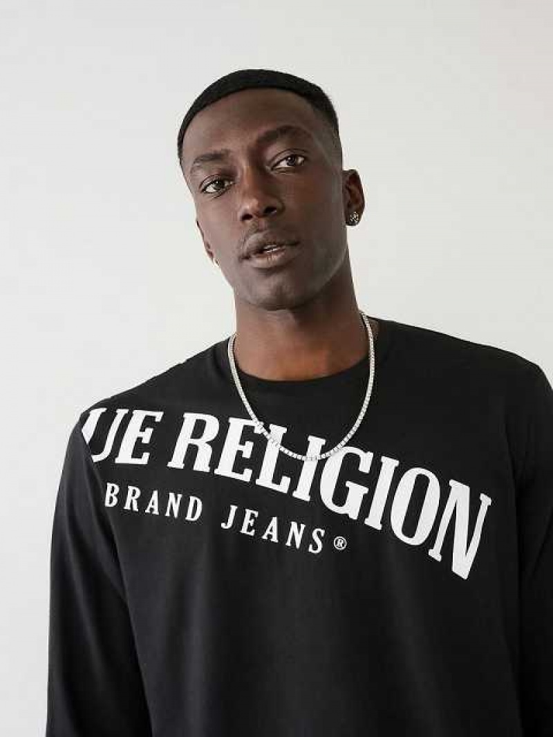 Camiseta True Religion Long Sleeve Logo Relaxed Hombre Negras | Colombia-LDBSYJZ63