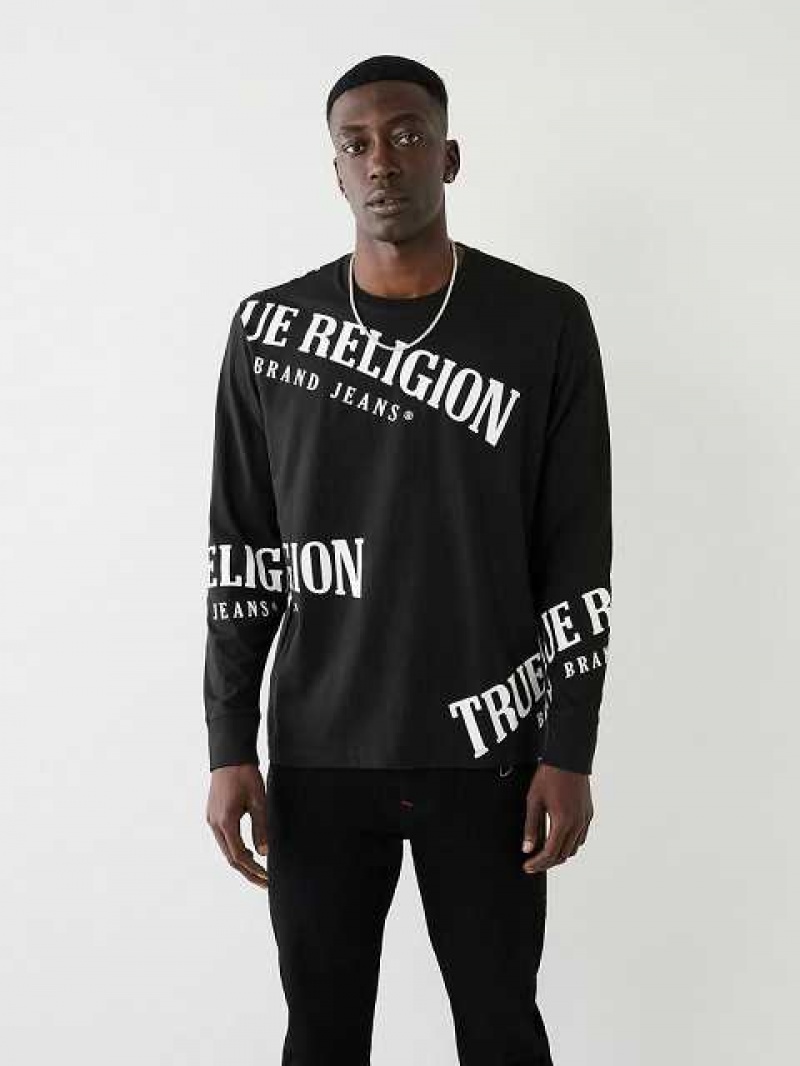 Camiseta True Religion Long Sleeve Logo Relaxed Hombre Negras | Colombia-LDBSYJZ63