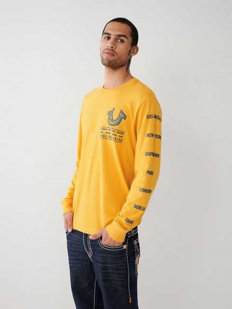 Camiseta True Religion Long Sleeve Logo Tour Hombre Amarillo | Colombia-BZVDPTA03