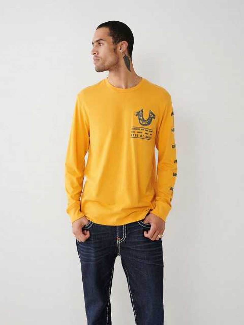 Camiseta True Religion Long Sleeve Logo Tour Hombre Amarillo | Colombia-BZVDPTA03