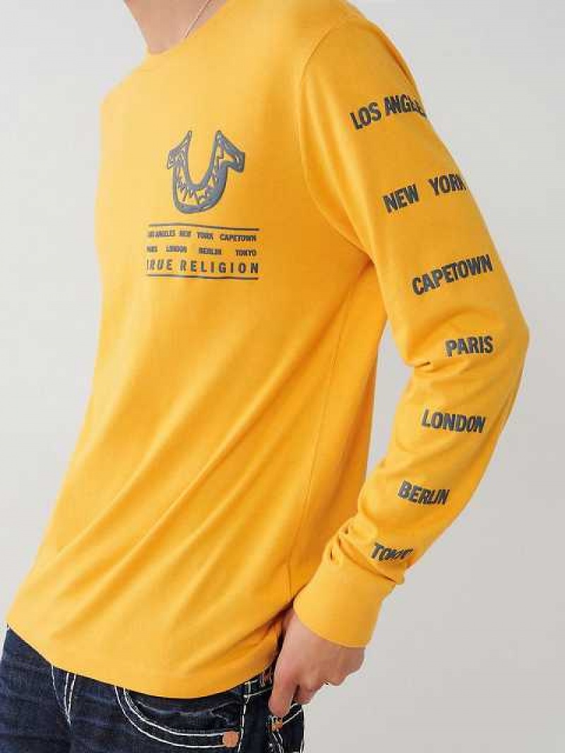 Camiseta True Religion Long Sleeve Logo Tour Hombre Amarillo | Colombia-BZVDPTA03