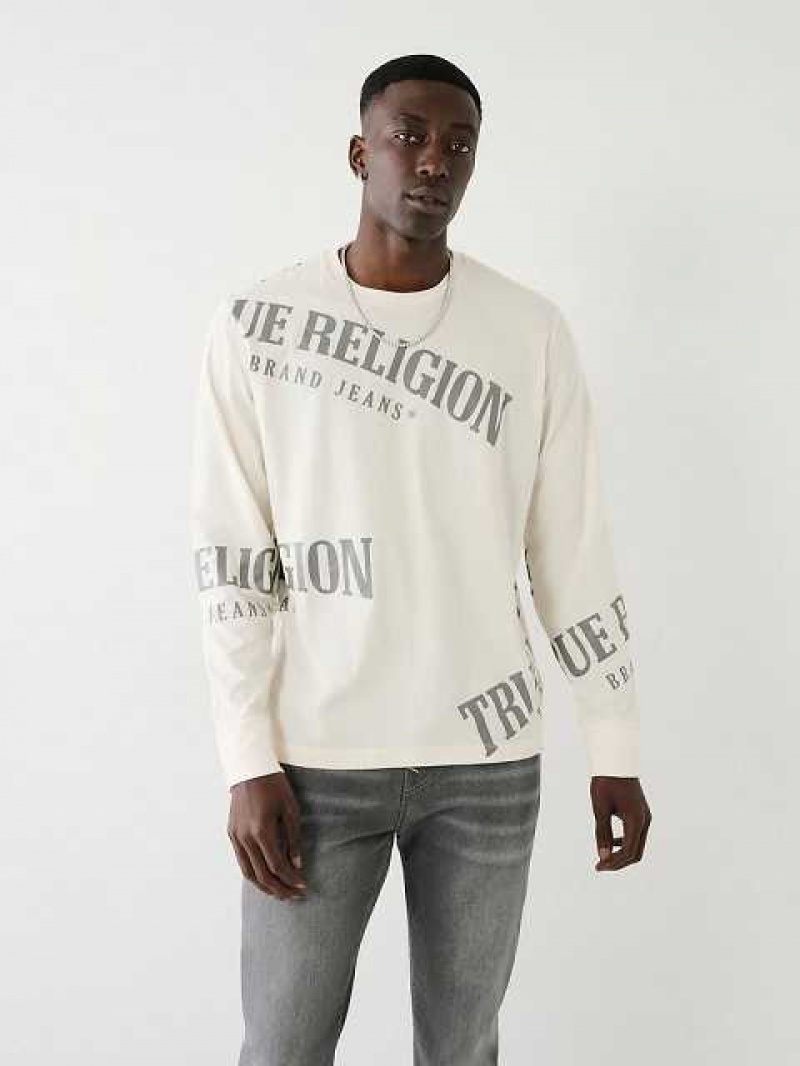 Camiseta True Religion Long Sleeve Logo Relaxed Hombre Blancas | Colombia-MYGXZKO36