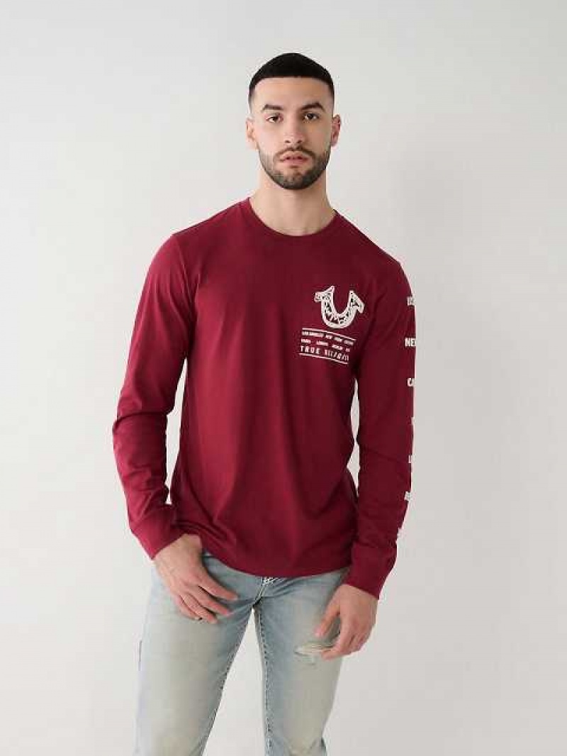 Camiseta True Religion Long Sleeve Logo Tour Hombre Fucsia | Colombia-CEFAYJG91