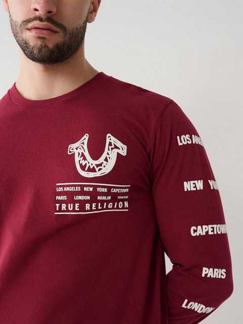 Camiseta True Religion Long Sleeve Logo Tour Hombre Fucsia | Colombia-CEFAYJG91