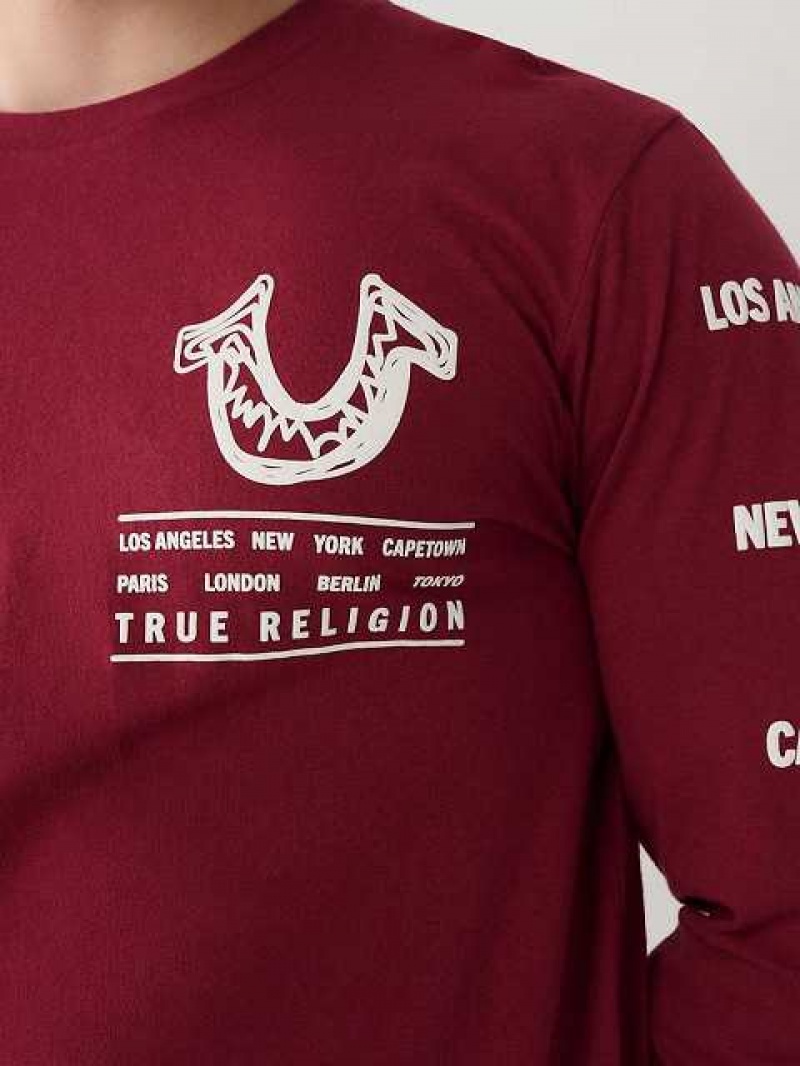 Camiseta True Religion Long Sleeve Logo Tour Hombre Fucsia | Colombia-CEFAYJG91