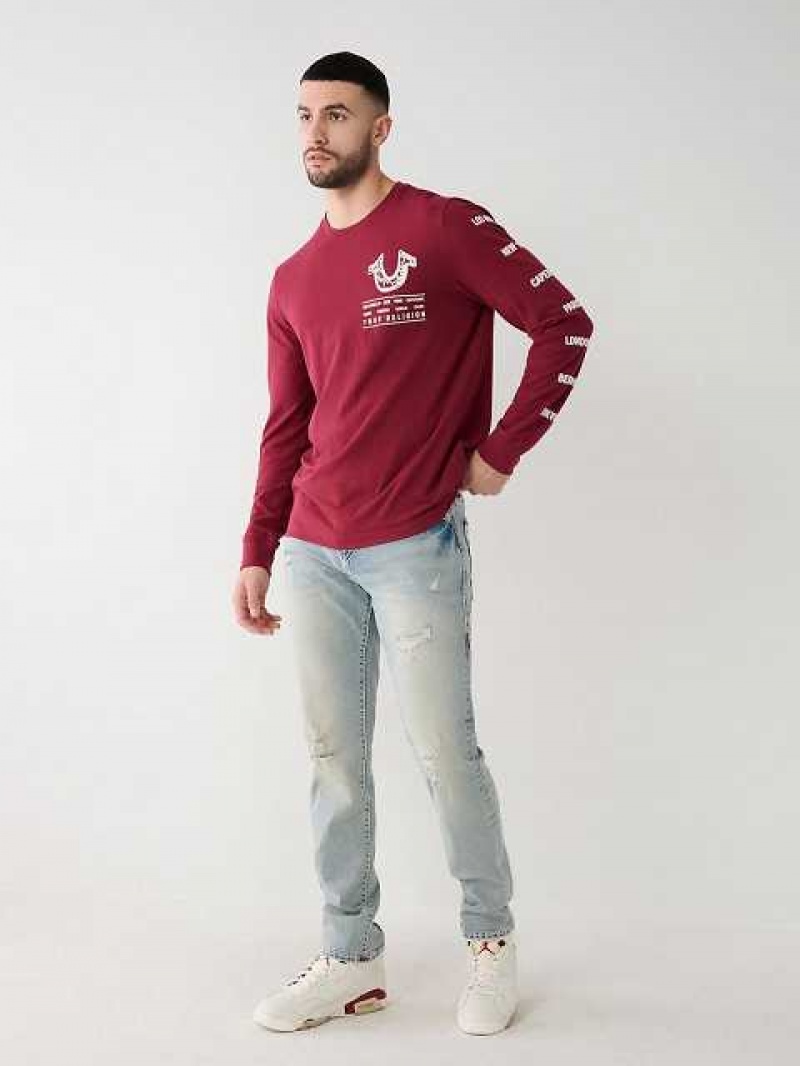 Camiseta True Religion Long Sleeve Logo Tour Hombre Fucsia | Colombia-CEFAYJG91