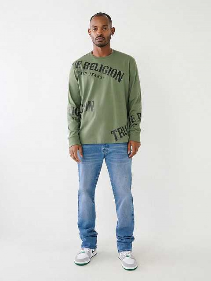 Camiseta True Religion Long Sleeve Logo Relaxed Hombre Marrones Verde | Colombia-MVDGPIF93