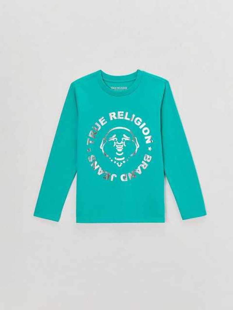 Camiseta True Religion Long Sleeve Logo Niños Verde Verde | Colombia-VAKFUQE74