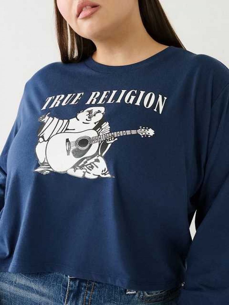 Camiseta True Religion Long Sleeve Logo Crop Mujer Azul Marino Azules | Colombia-VHQNFMK74