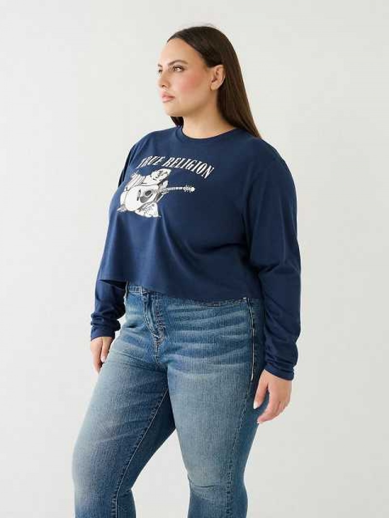 Camiseta True Religion Long Sleeve Logo Crop Mujer Azul Marino Azules | Colombia-VHQNFMK74