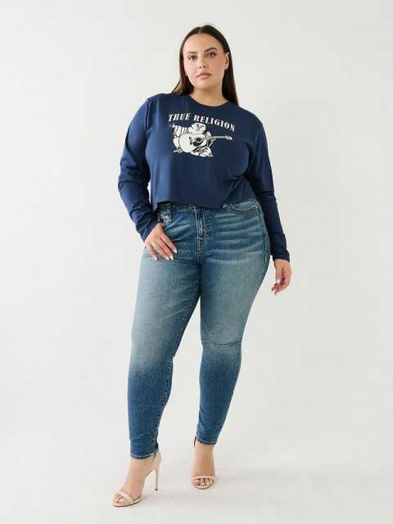 Camiseta True Religion Long Sleeve Logo Crop Mujer Azul Marino Azules | Colombia-VHQNFMK74