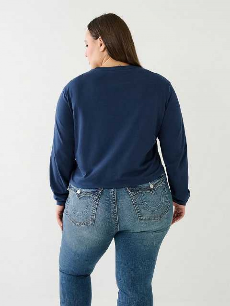 Camiseta True Religion Long Sleeve Logo Crop Mujer Azul Marino Azules | Colombia-VHQNFMK74