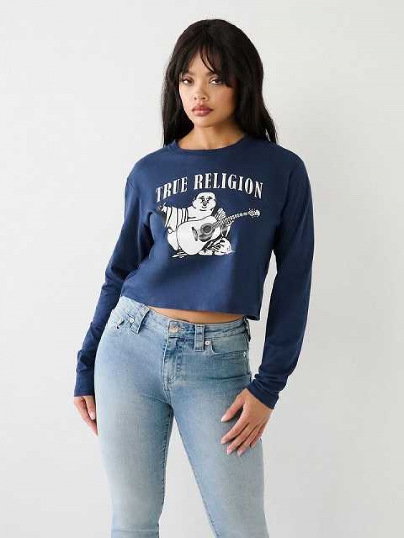 Camiseta True Religion Long Sleeve Logo Crop Mujer Azul Marino Azules | Colombia-VHQNFMK74