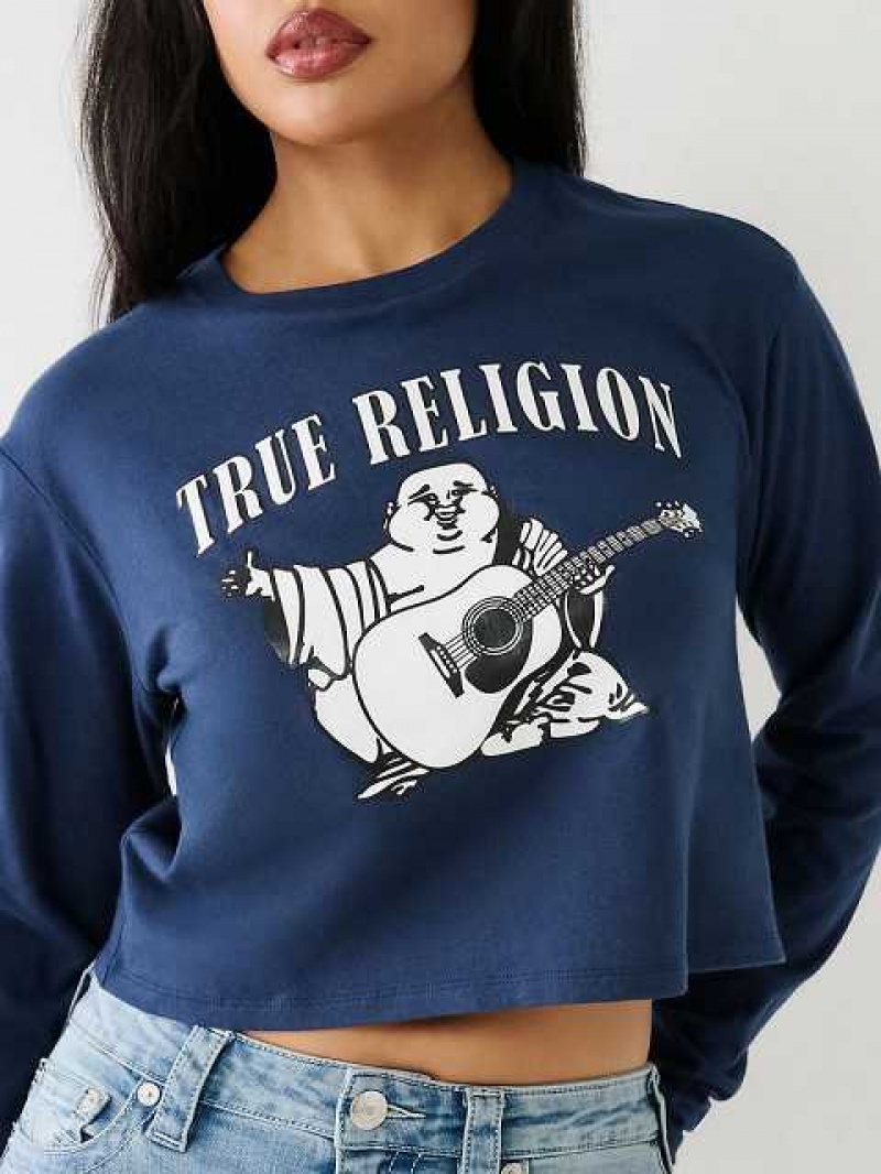 Camiseta True Religion Long Sleeve Logo Crop Mujer Azul Marino Azules | Colombia-VHQNFMK74