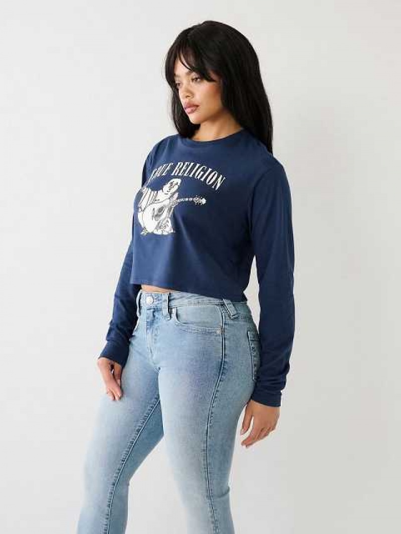 Camiseta True Religion Long Sleeve Logo Crop Mujer Azul Marino Azules | Colombia-VHQNFMK74