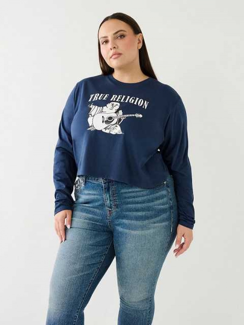 Camiseta True Religion Long Sleeve Logo Crop Mujer Azul Marino Azules | Colombia-VHQNFMK74