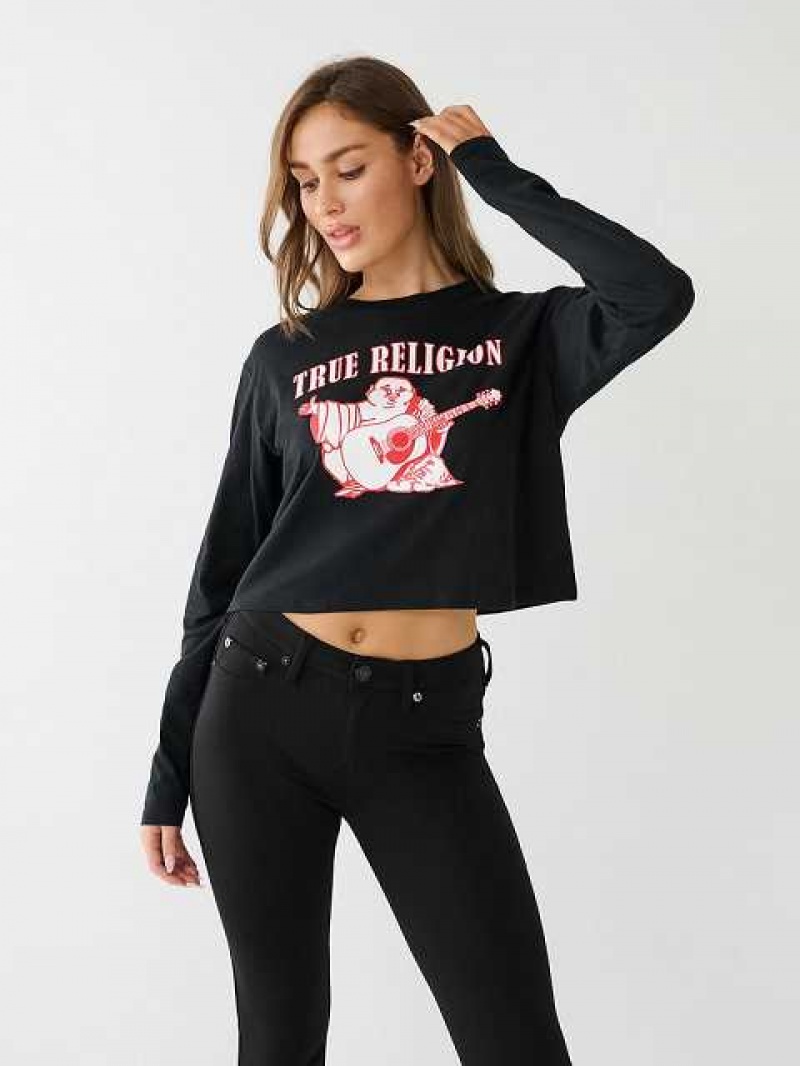 Camiseta True Religion Long Sleeve Logo Crop Mujer Negras | Colombia-BFPLXSO05