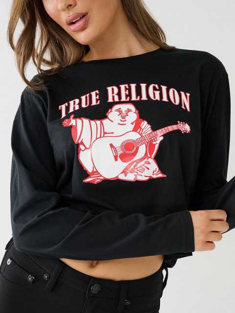 Camiseta True Religion Long Sleeve Logo Crop Mujer Negras | Colombia-BFPLXSO05