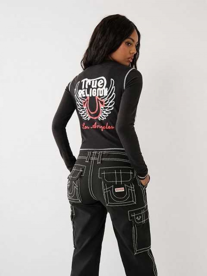 Camiseta True Religion Long Sleeve Logo Mujer Negras | Colombia-VGNDUHW81