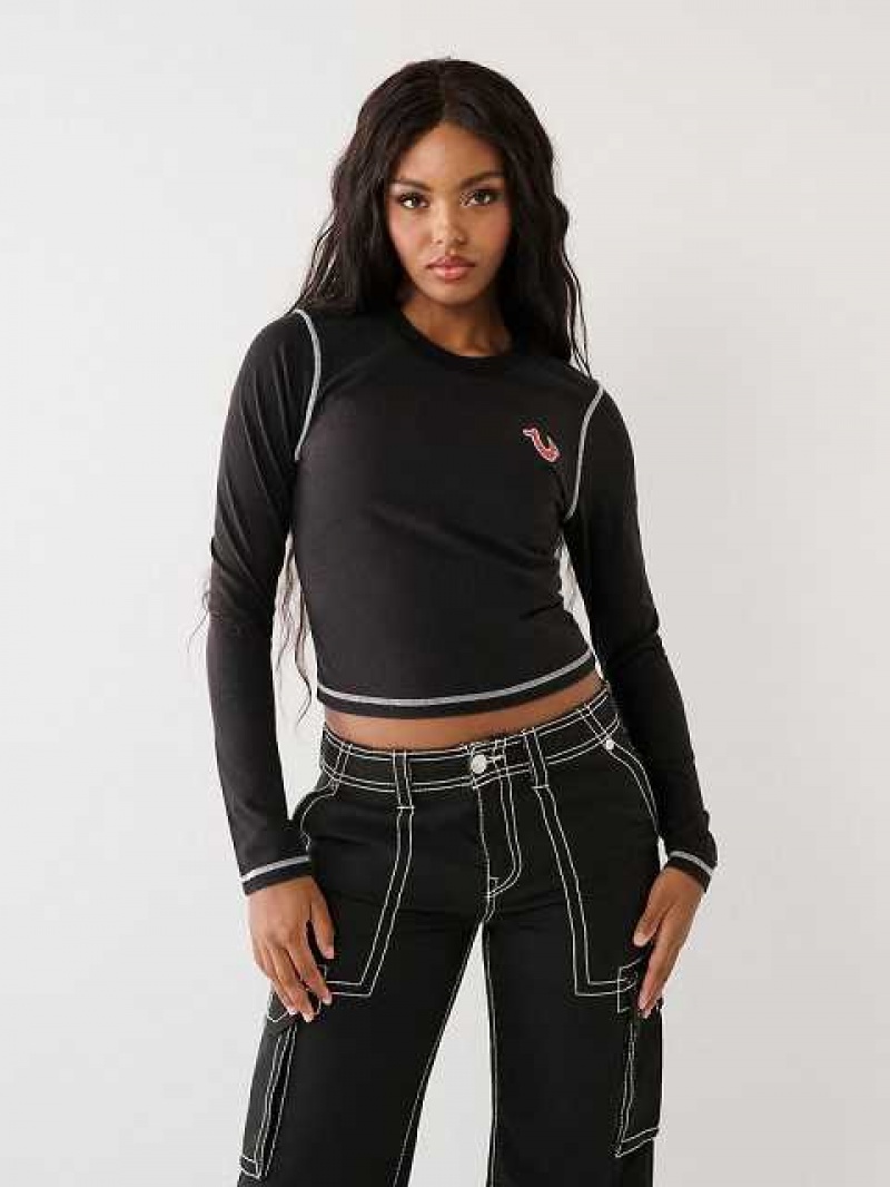 Camiseta True Religion Long Sleeve Logo Mujer Negras | Colombia-VGNDUHW81