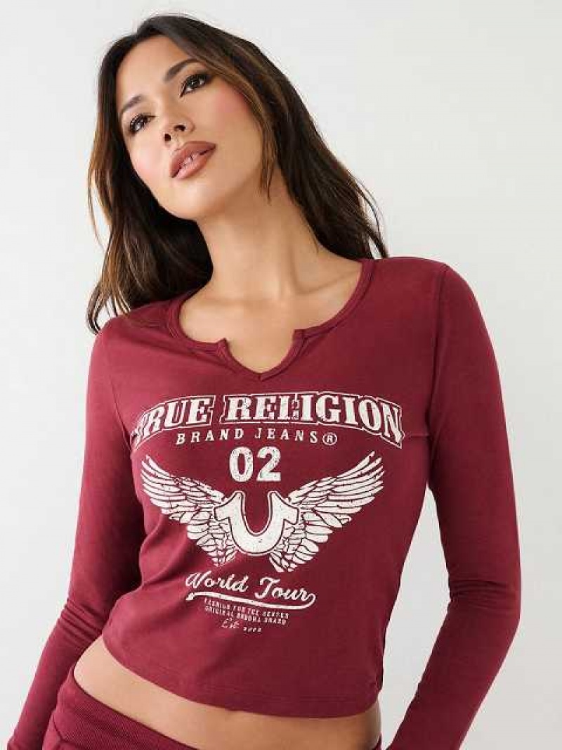 Camiseta True Religion Long Sleeve Notch Logo Mujer Burdeos | Colombia-XLJSWDK78