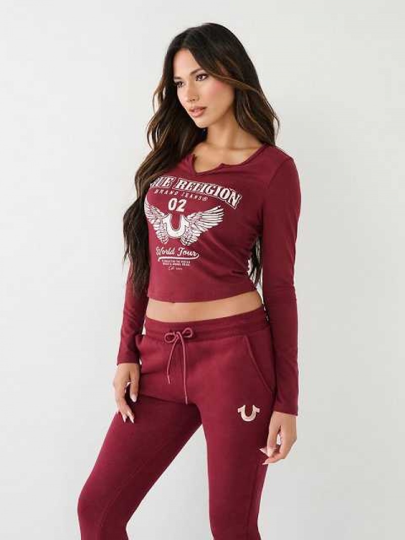 Camiseta True Religion Long Sleeve Notch Logo Mujer Burdeos | Colombia-XLJSWDK78