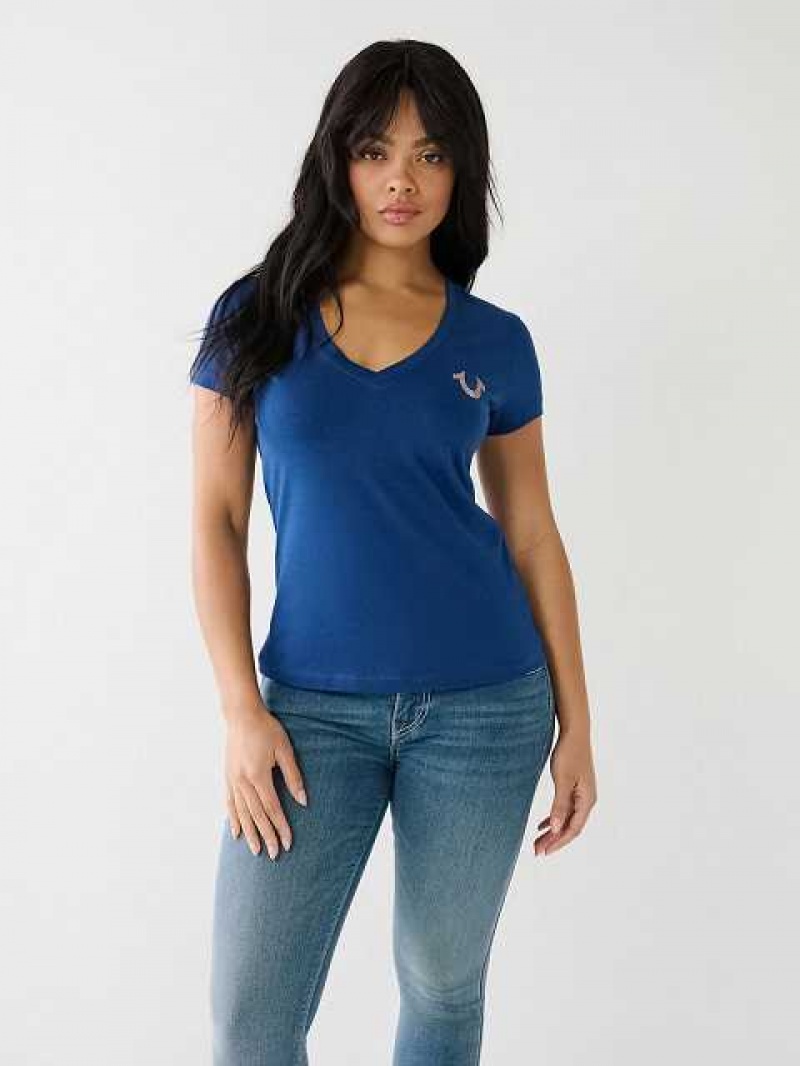 Camiseta True Religion Metallic A Rayas Hs Logo Mujer Azules | Colombia-IBYHCXK08