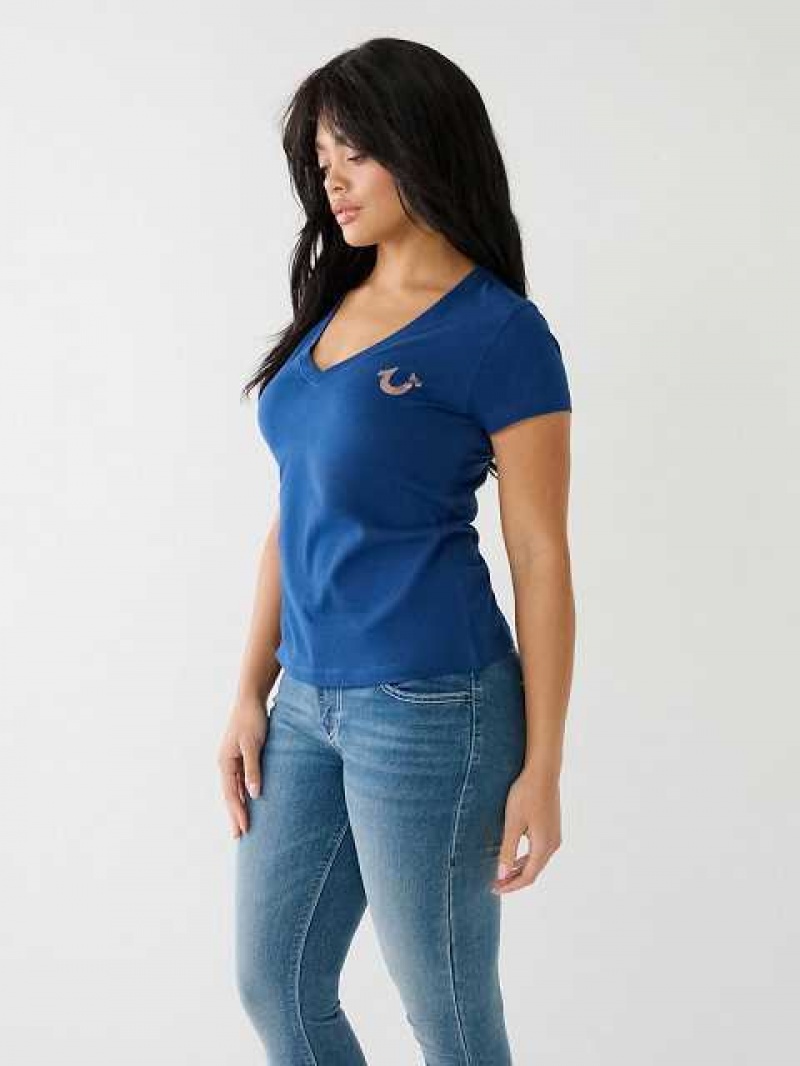 Camiseta True Religion Metallic A Rayas Hs Logo Mujer Azules | Colombia-IBYHCXK08