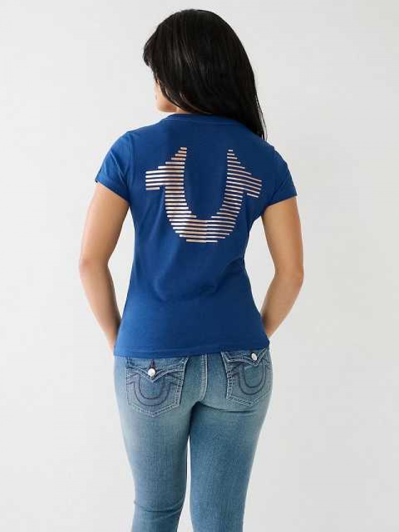 Camiseta True Religion Metallic A Rayas Hs Logo Mujer Azules | Colombia-IBYHCXK08