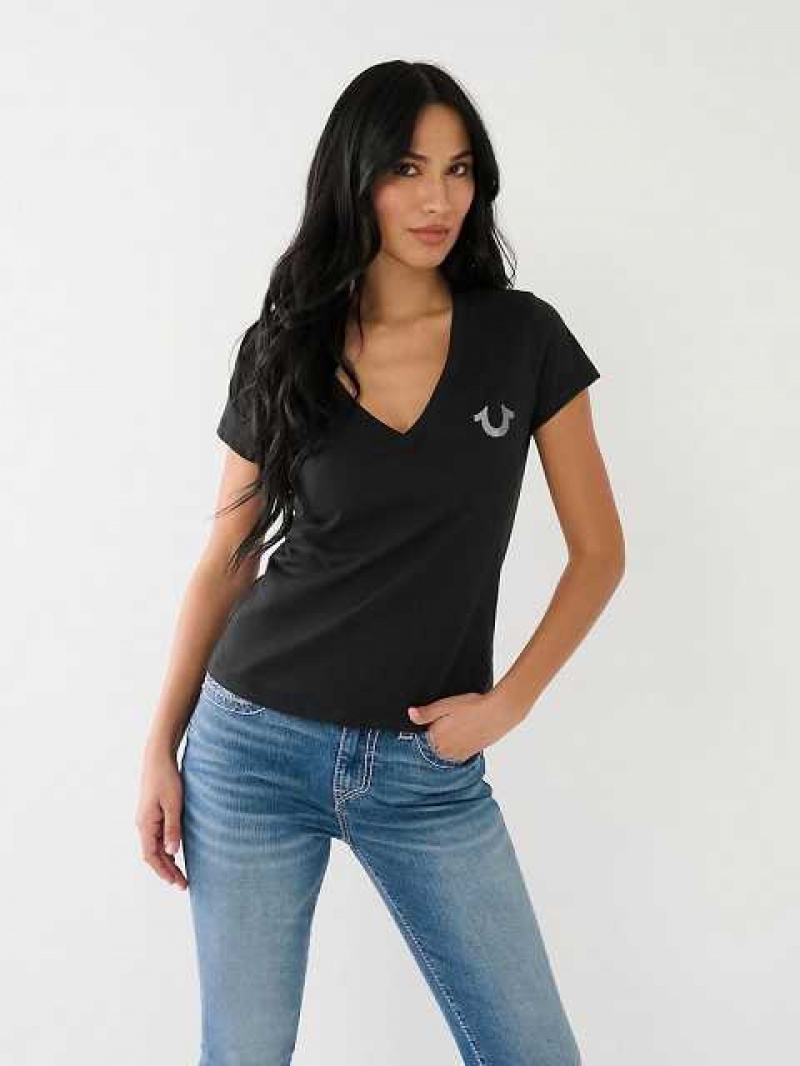 Camiseta True Religion Metallic A Rayas Hs Logo Mujer Negras | Colombia-WFTRGSA29