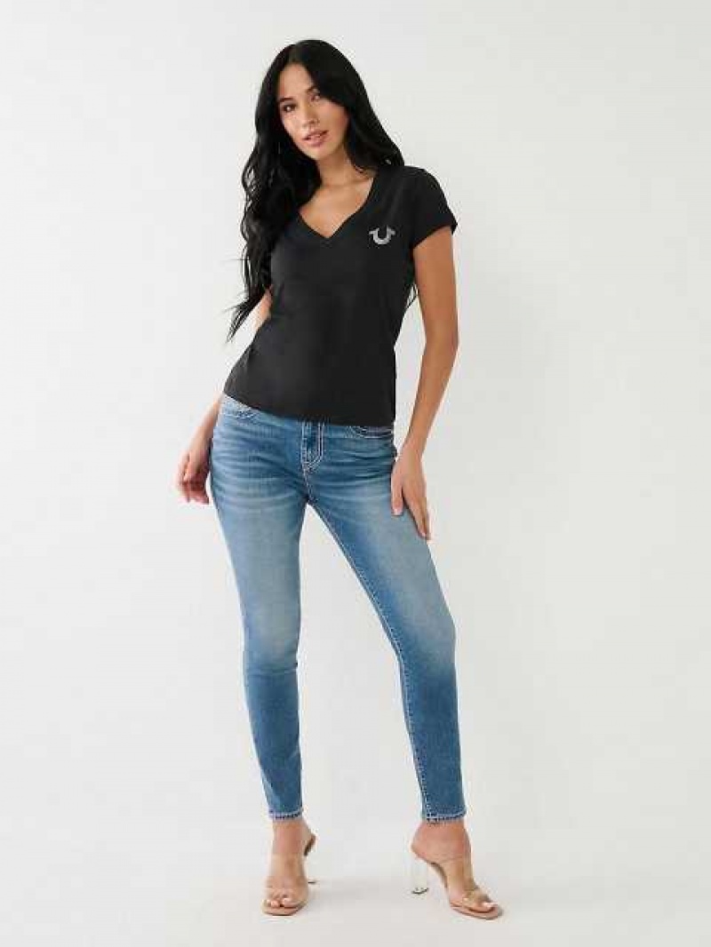 Camiseta True Religion Metallic A Rayas Hs Logo Mujer Negras | Colombia-WFTRGSA29