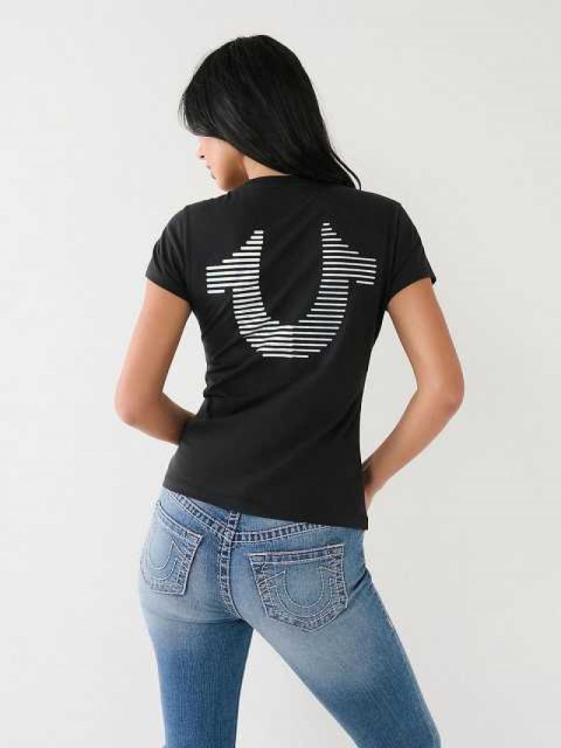 Camiseta True Religion Metallic A Rayas Hs Logo Mujer Negras | Colombia-WFTRGSA29