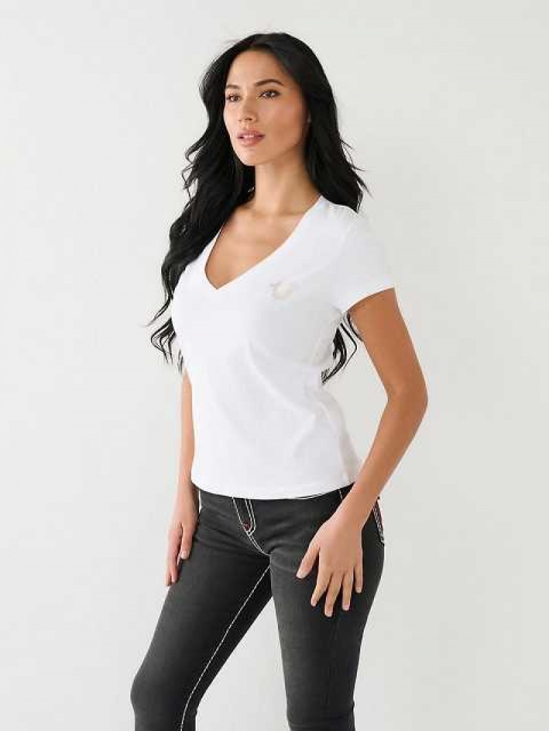 Camiseta True Religion Metallic A Rayas Hs Logo Mujer Blancas | Colombia-ZUMXEDJ25