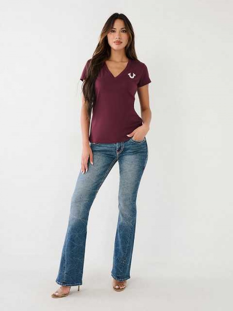 Camiseta True Religion Metallic Buddha Logo V Neck Mujer Moradas | Colombia-DBWIJCT51