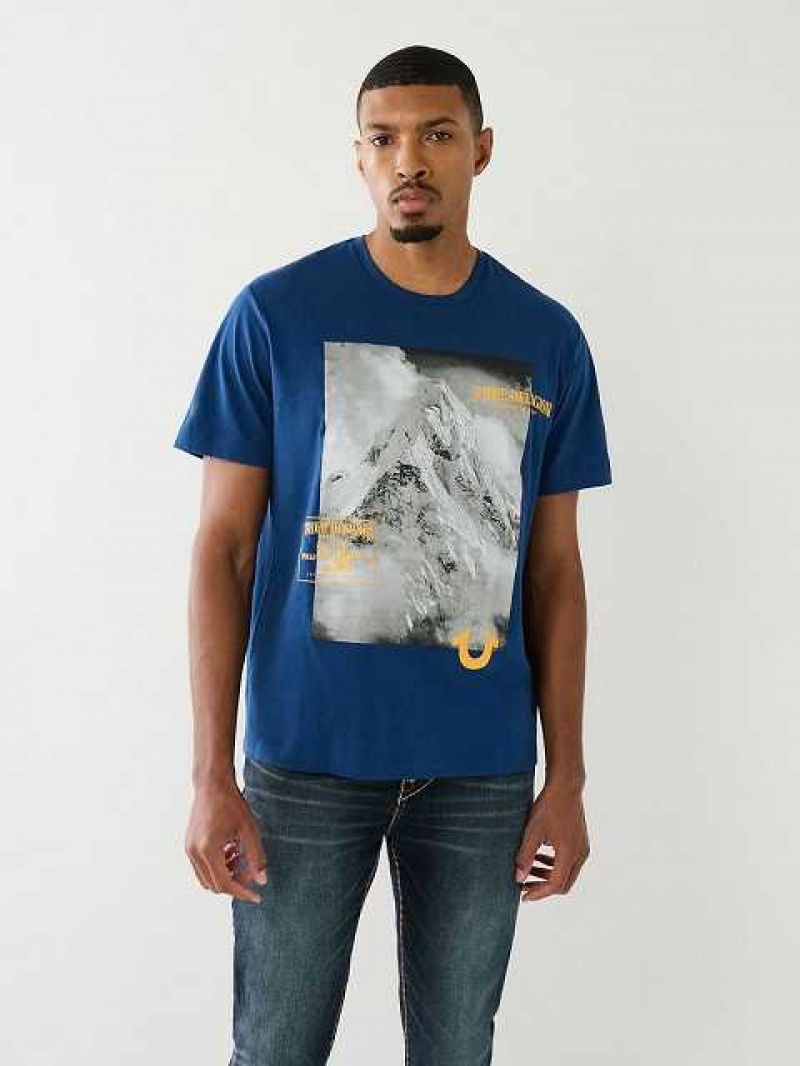 Camiseta True Religion Mountain Estampadas Relaxed Hombre Azules | Colombia-CABQZRK18