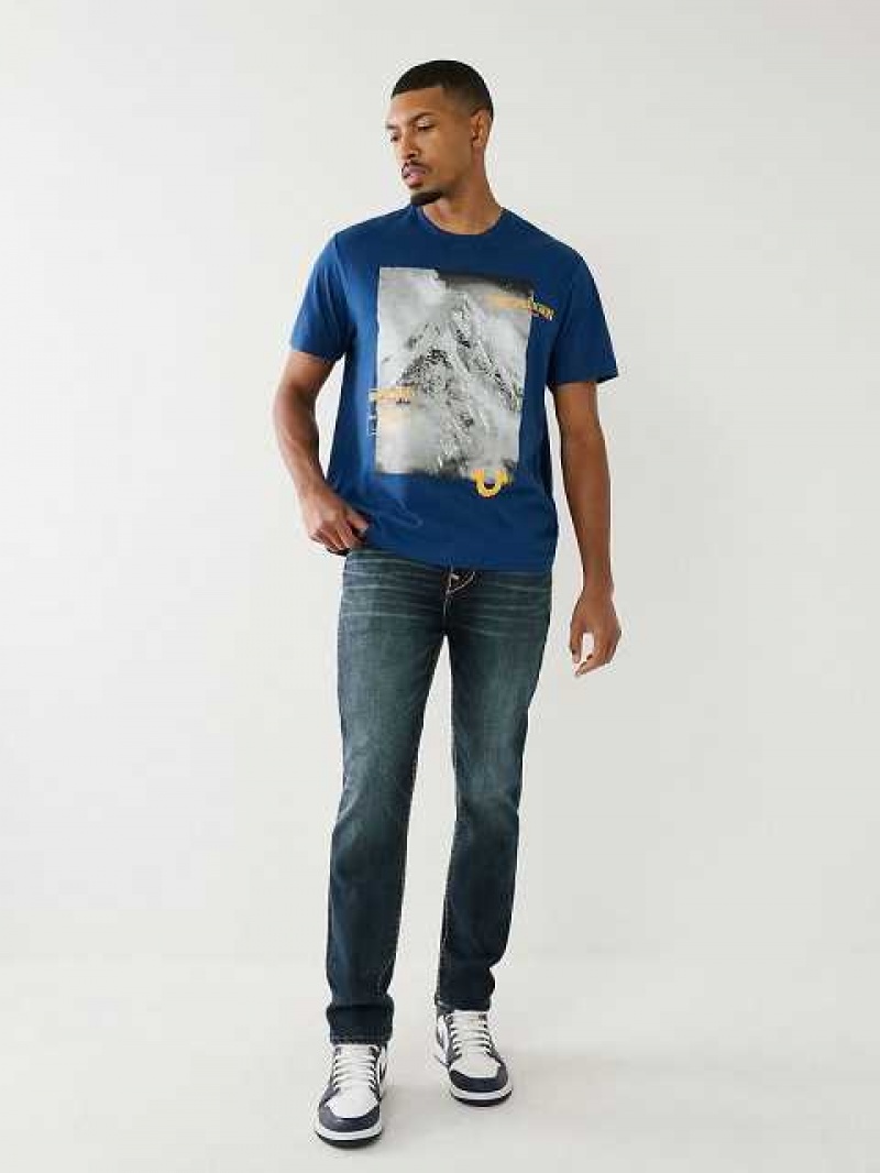 Camiseta True Religion Mountain Estampadas Relaxed Hombre Azules | Colombia-CABQZRK18