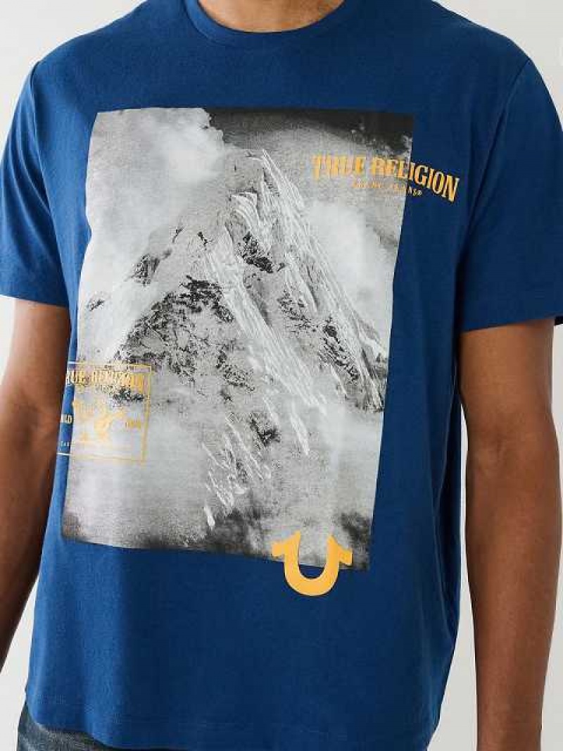 Camiseta True Religion Mountain Estampadas Relaxed Hombre Azules | Colombia-CABQZRK18