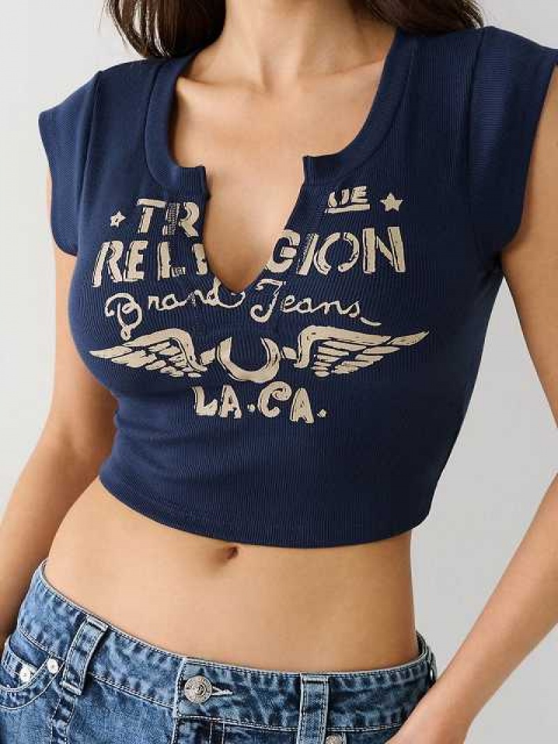 Camiseta True Religion Notch Crop Mujer Azul Marino Azules | Colombia-VXAPSLU62